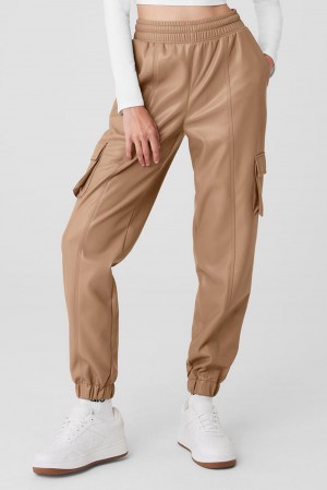 Toasted Almond Women Alo Yoga Faux Leather Power Hour Jogger | Australia 08921-QLIP