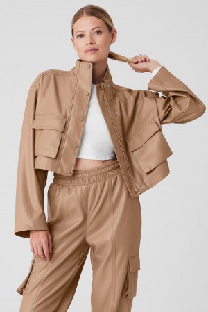 Toasted Almond Women Alo Yoga Faux Leather Power Hour Jacket | Australia 28437-KTWM