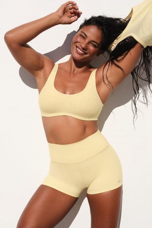 Warm Butter Heather Women Alo Yoga Alosoft Center Stage Bra | Australia 90587-HEDW