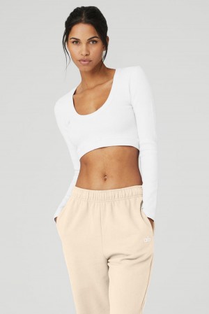 White Women Alo Yoga Seamless Ribbed Cropped Serene Long Sleeve | Australia 02149-WQHK