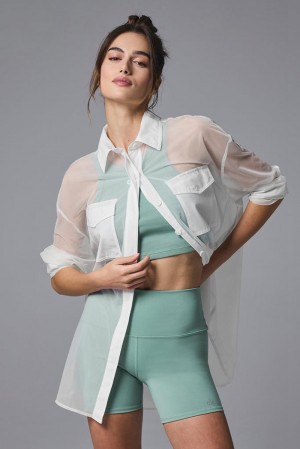 White Women Alo Yoga Sheer Effusion Button Down Long Sleeve | Australia 17836-FHTN