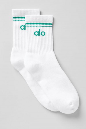 White / Spruce Green Men Alo Yoga Unisex Half-Crew Throwback Sock | Australia 91207-ZKLJ