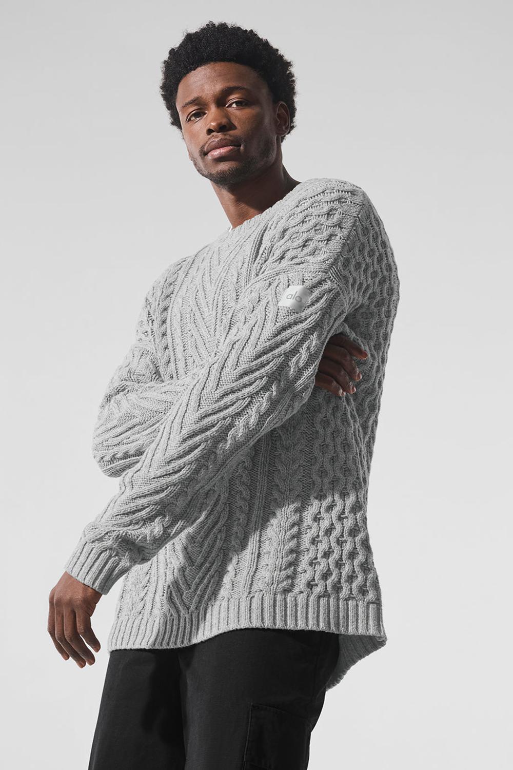 Athletic Heather Grey Men Alo Yoga Cable Knit Crew Neck Sweater | Australia  83910-XIVP