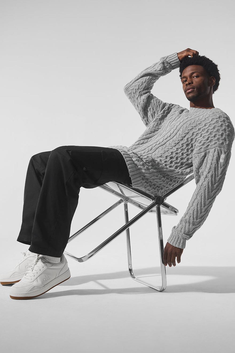 Athletic Heather Grey Men Alo Yoga Cable Knit Crew Neck Sweater | Australia  83910-XIVP