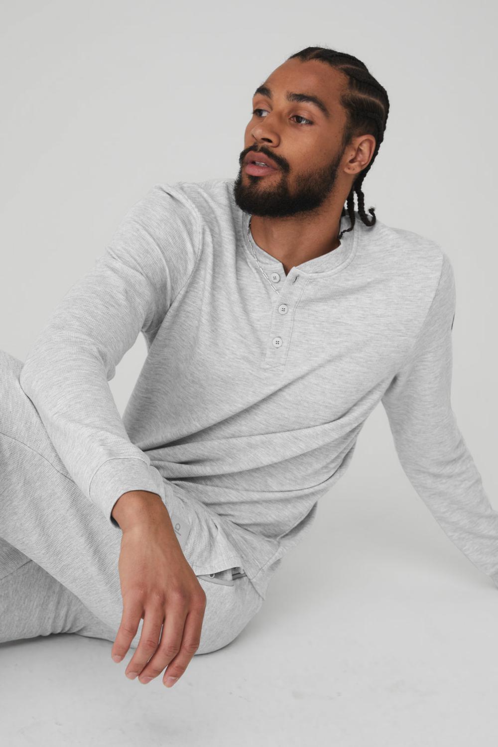 Athletic Heather Grey Men Alo Yoga Micro Waffle Fast Break Henley Top | Australia  79846-XSDK