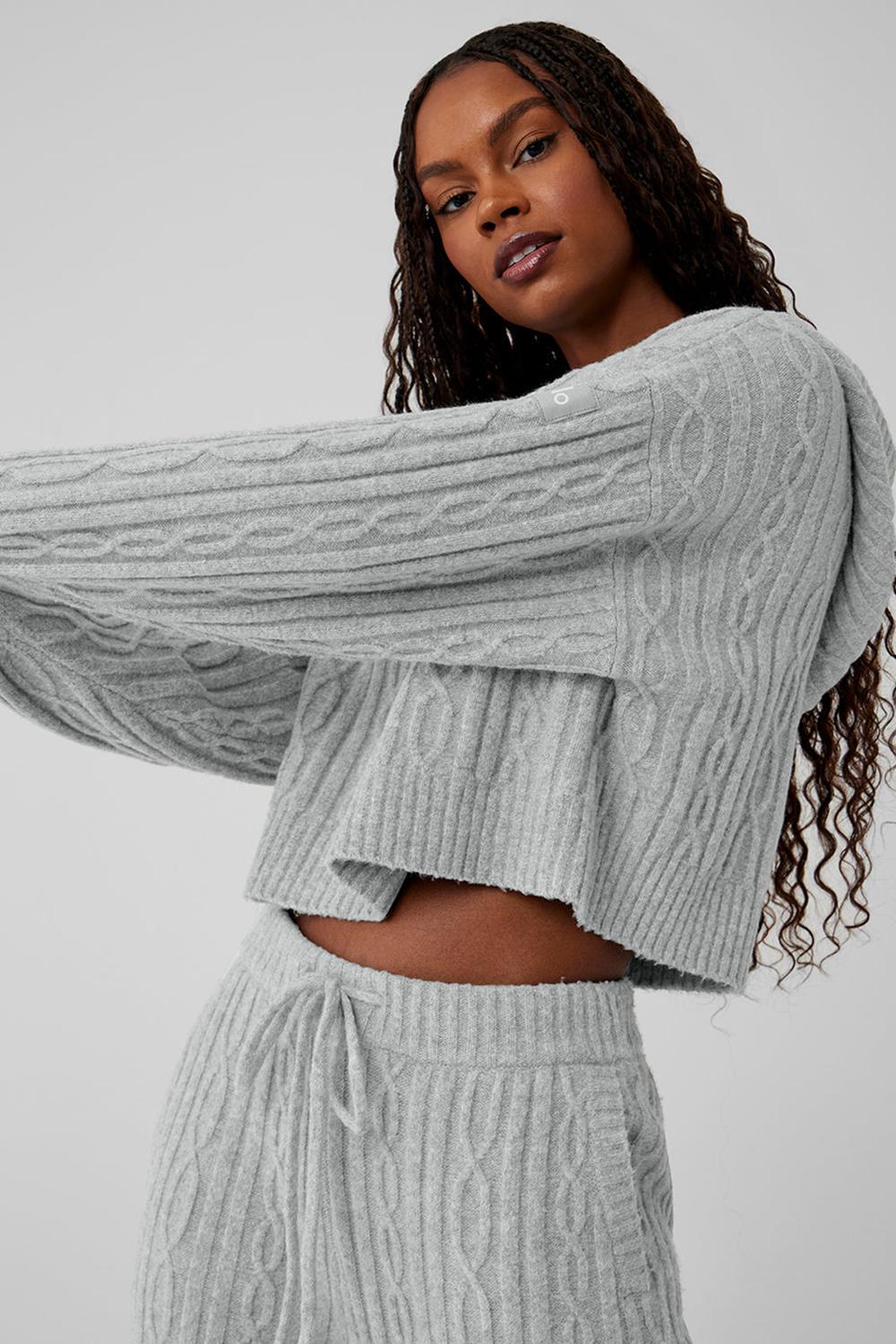 Athletic Heather Grey Women Alo Yoga Cable Knit Winter Bliss Hoodie | Australia  45123-RSAD