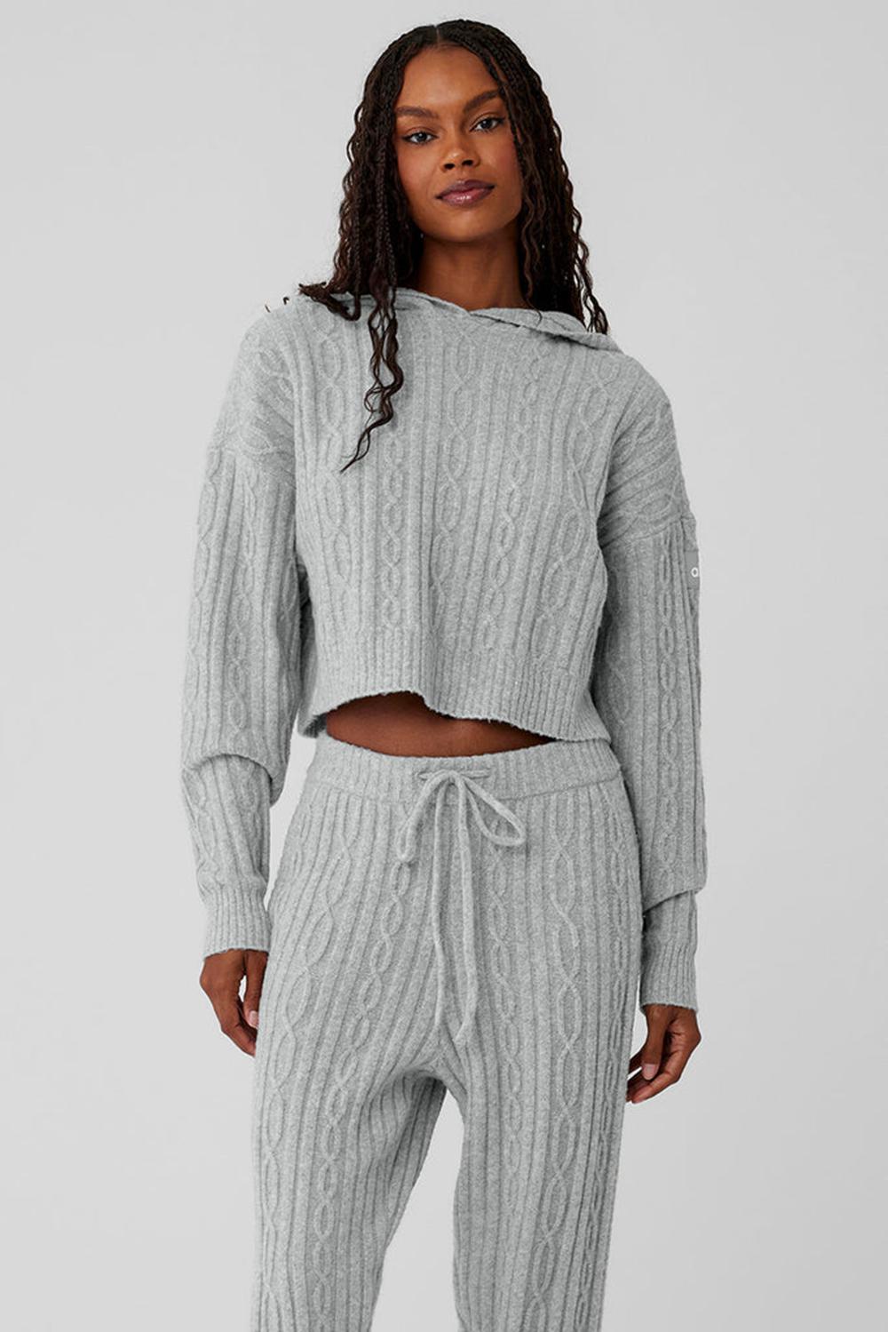 Athletic Heather Grey Women Alo Yoga Cable Knit Winter Bliss Hoodie | Australia  45123-RSAD