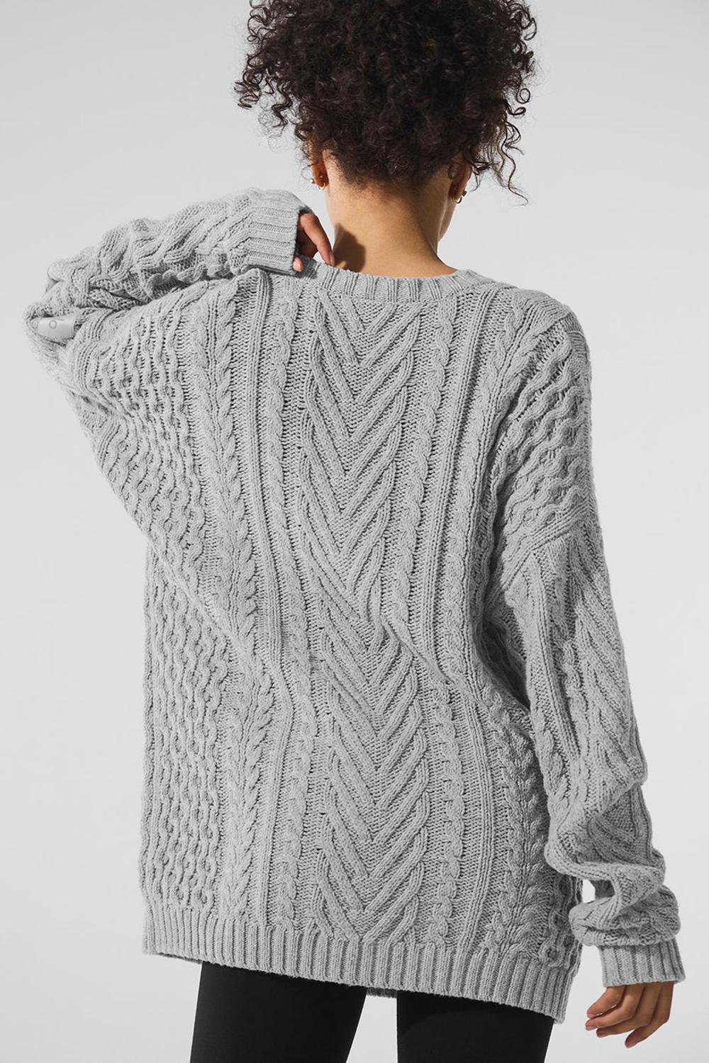 Athletic Heather Grey Women Alo Yoga Cable Knit Crew Neck Sweater | Australia  36845-BDQK