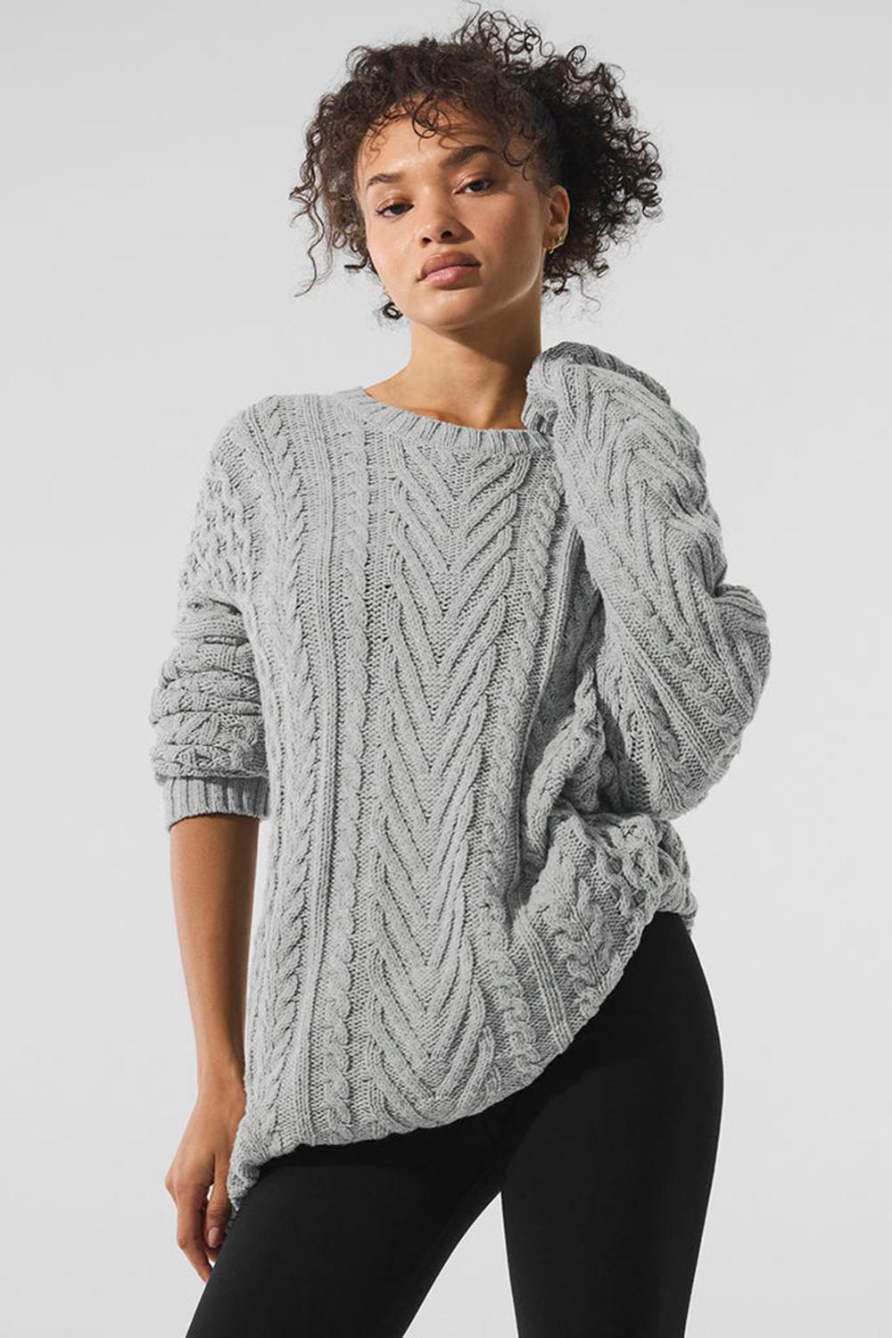Athletic Heather Grey Women Alo Yoga Cable Knit Crew Neck Sweater | Australia  36845-BDQK