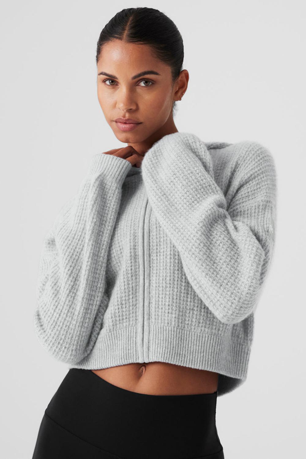 Athletic Heather Grey Women Alo Yoga Cashmere Plush Waffle Full Zip Hoodie | Australia  21349-FSLN