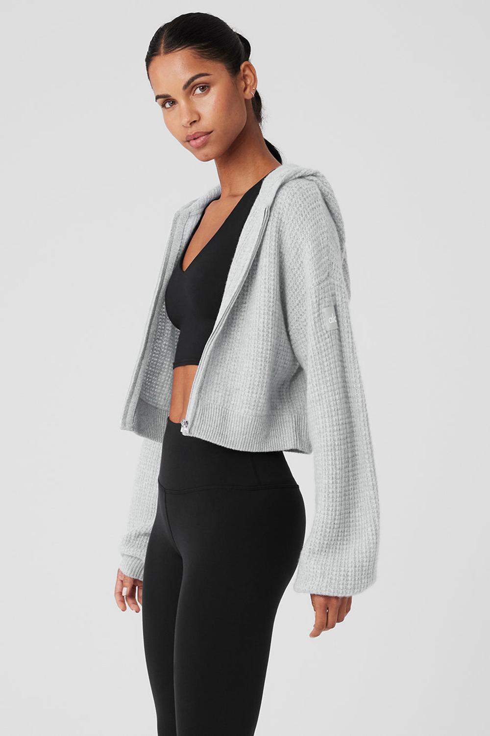 Athletic Heather Grey Women Alo Yoga Cashmere Plush Waffle Full Zip Hoodie | Australia  21349-FSLN