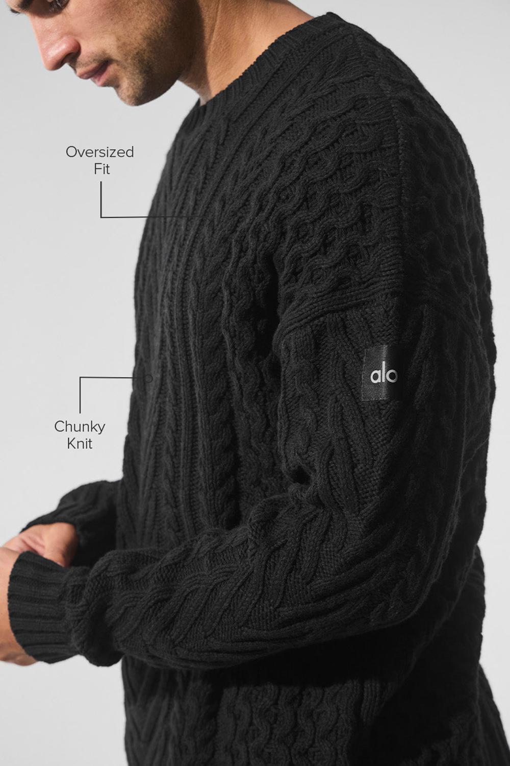Black Men Alo Yoga Cable Knit Crew Neck Sweater | Australia  71302-ZAQV