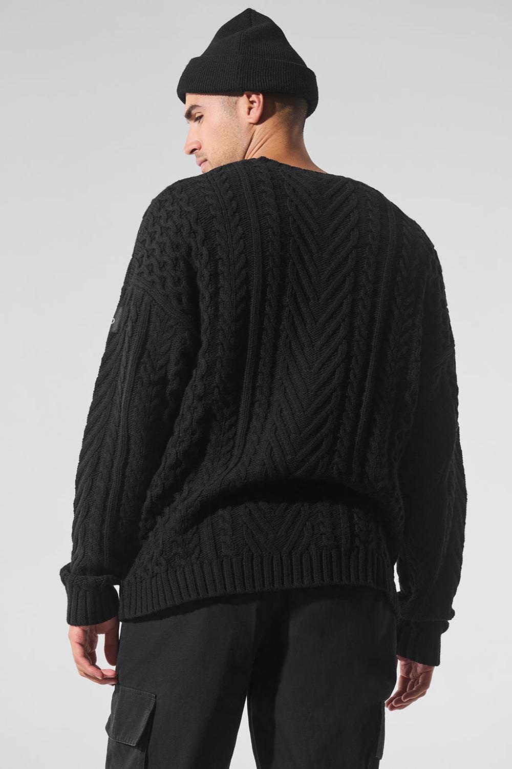 Black Men Alo Yoga Cable Knit Crew Neck Sweater | Australia  71302-ZAQV