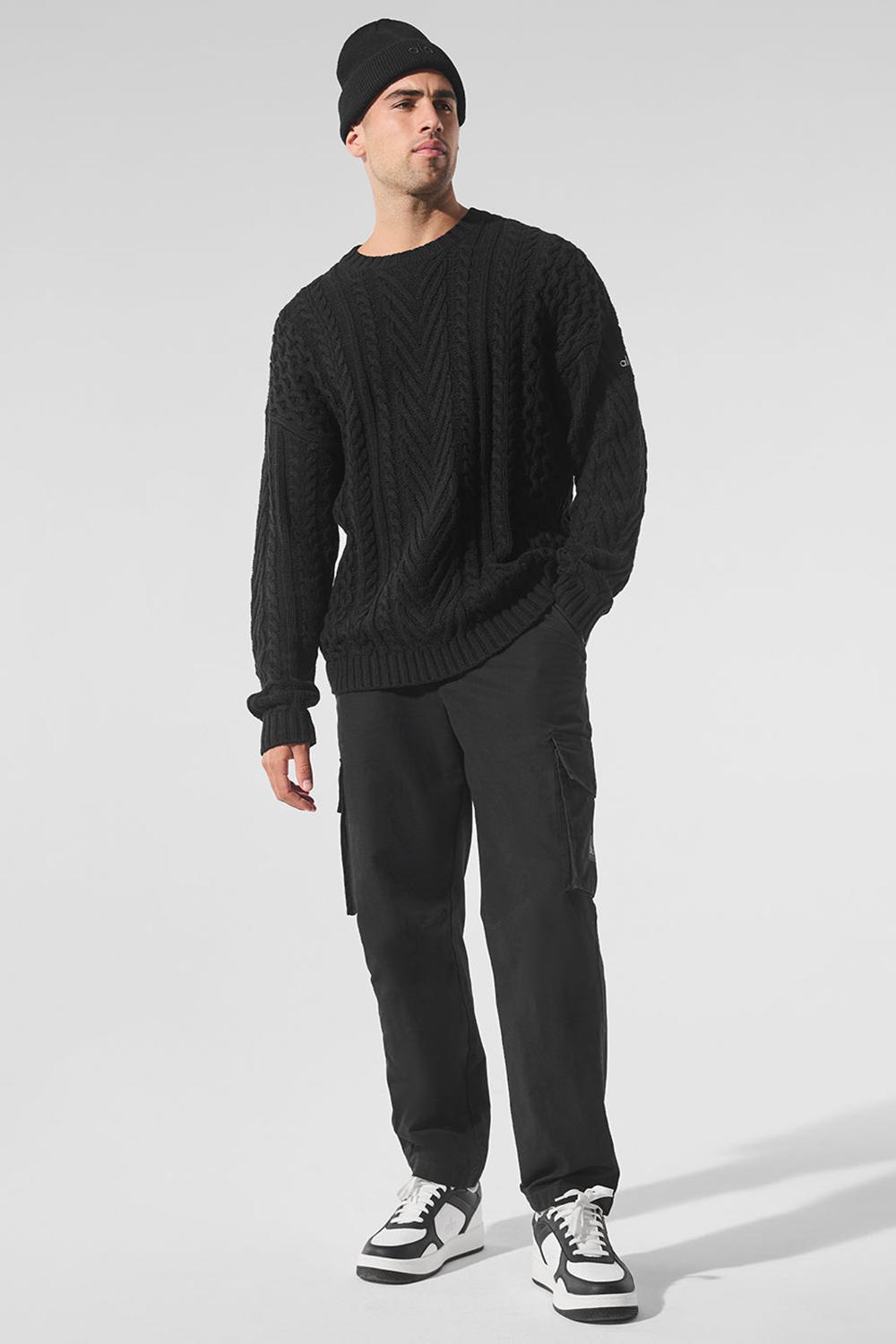 Black Men Alo Yoga Cable Knit Crew Neck Sweater | Australia  71302-ZAQV