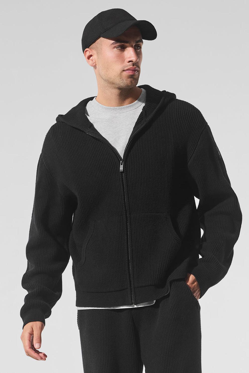 Black Men Alo Yoga Domain Rib Knit Full Zip Sweater | Australia  52970-CYJZ