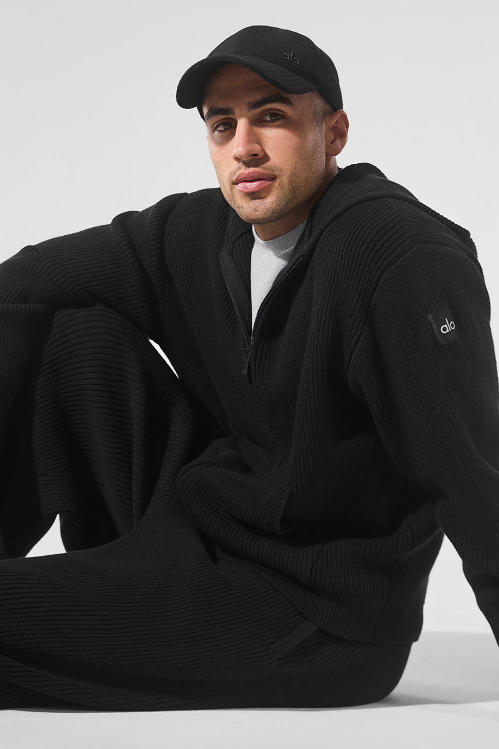 Black Men Alo Yoga Domain Rib Knit Full Zip Sweater | Australia  52970-CYJZ