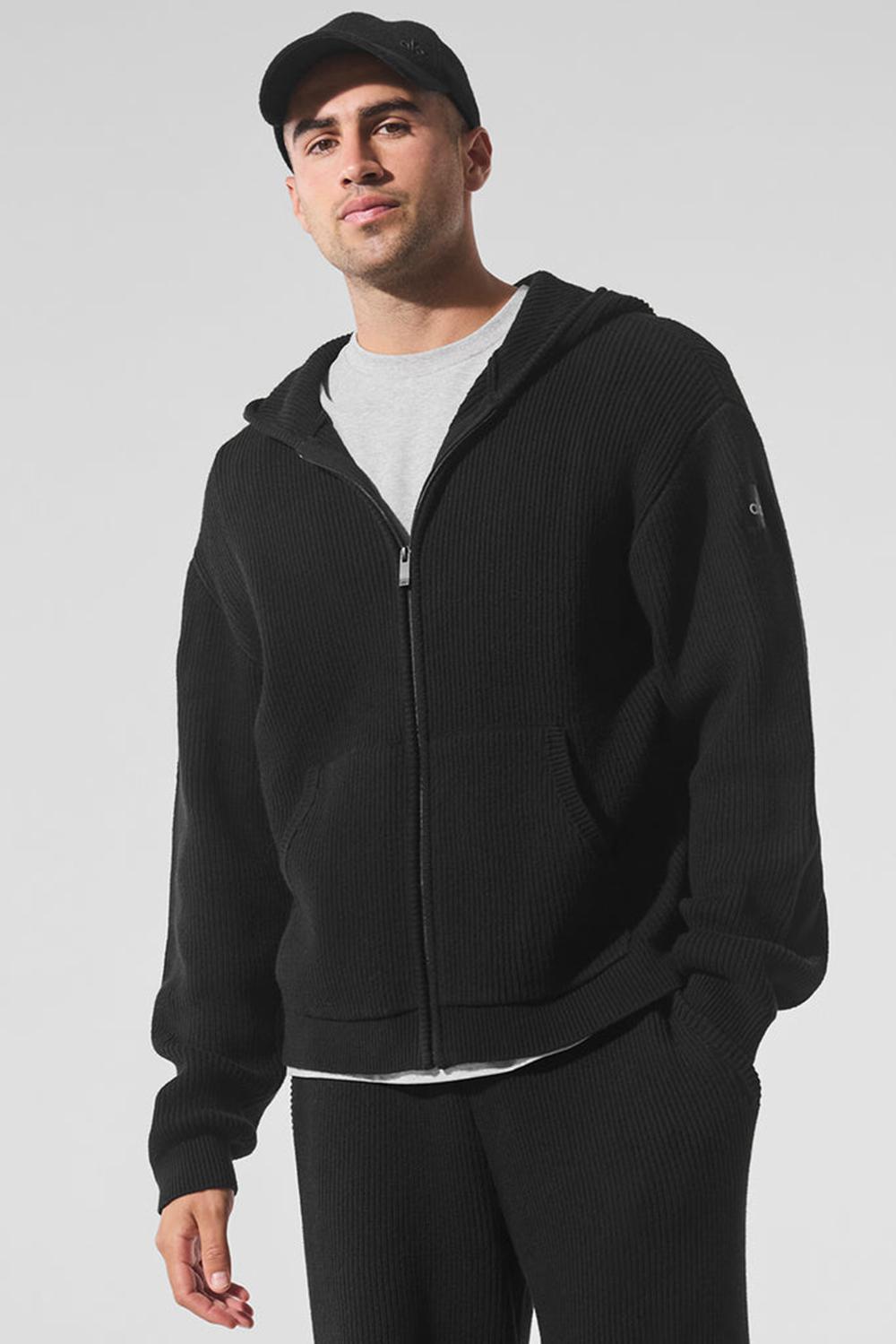 Black Men Alo Yoga Domain Rib Knit Full Zip Sweater | Australia  52970-CYJZ