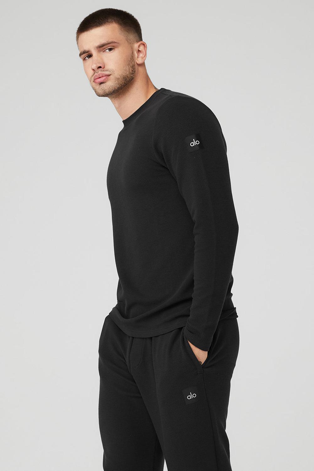 Black Men Alo Yoga Micro Waffle Fast Break Tee Long Sleeve | Australia  84325-WMDQ
