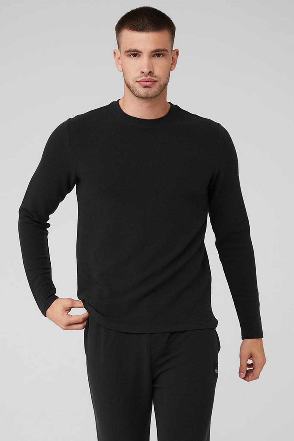 Black Men Alo Yoga Micro Waffle Fast Break Tee Long Sleeve | Australia  84325-WMDQ