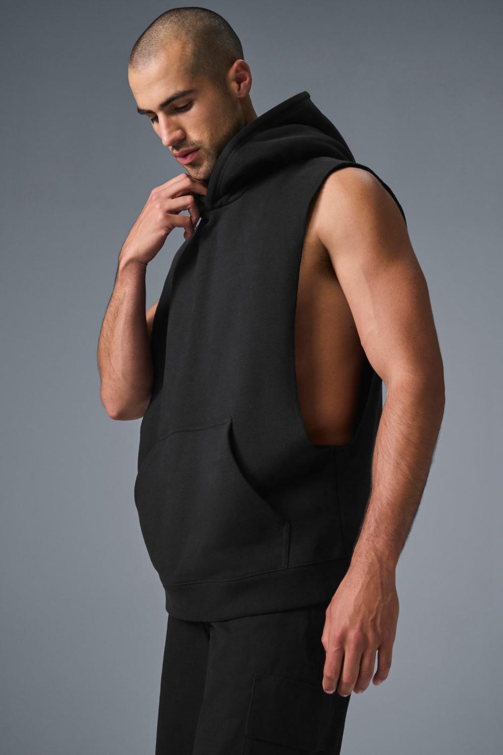 Black Men Alo Yoga Renown Sleeveless Hoodie | Australia  80567-RTAS