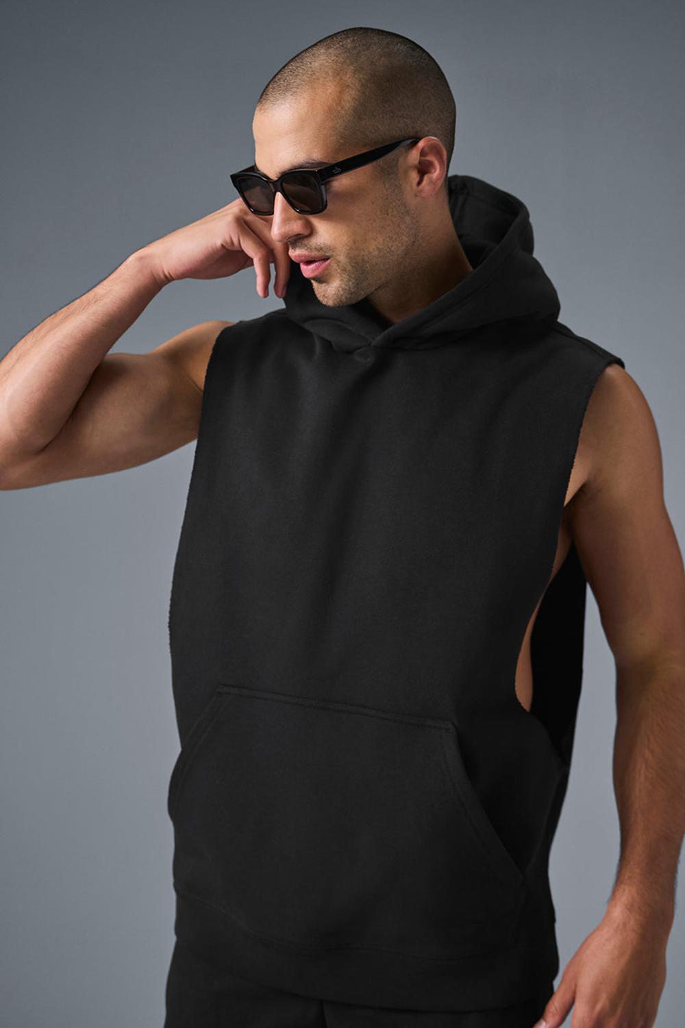 Black Men Alo Yoga Renown Sleeveless Hoodie | Australia  80567-RTAS