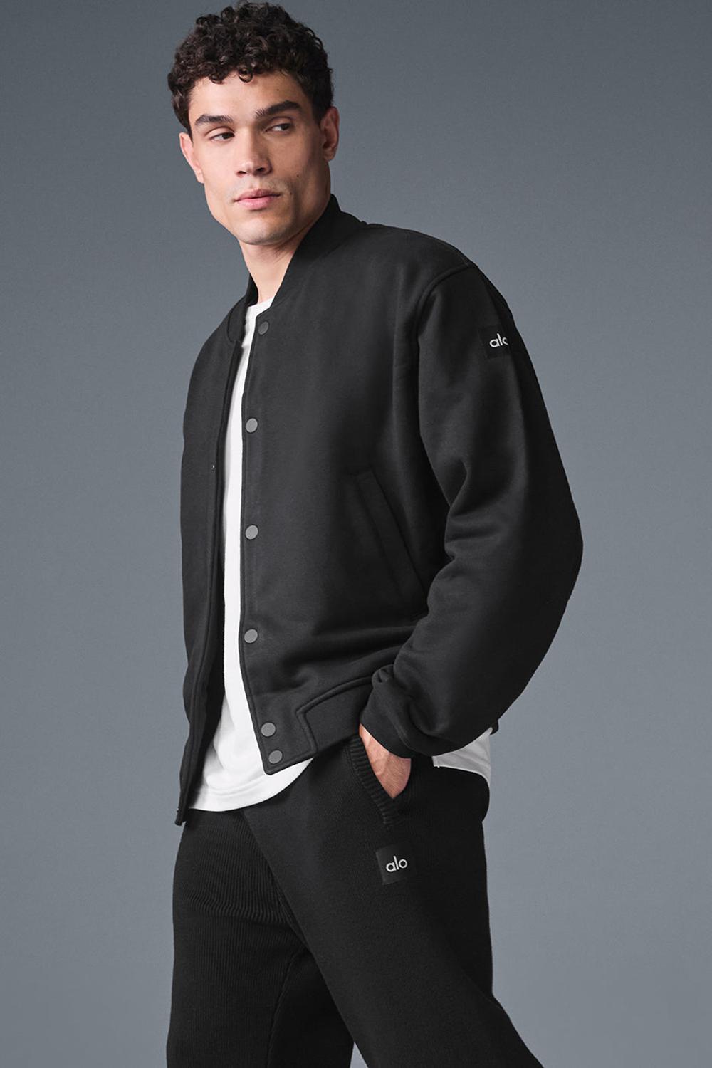 Black Men Alo Yoga Renown Varsity Jacket | Australia  07154-QUMX