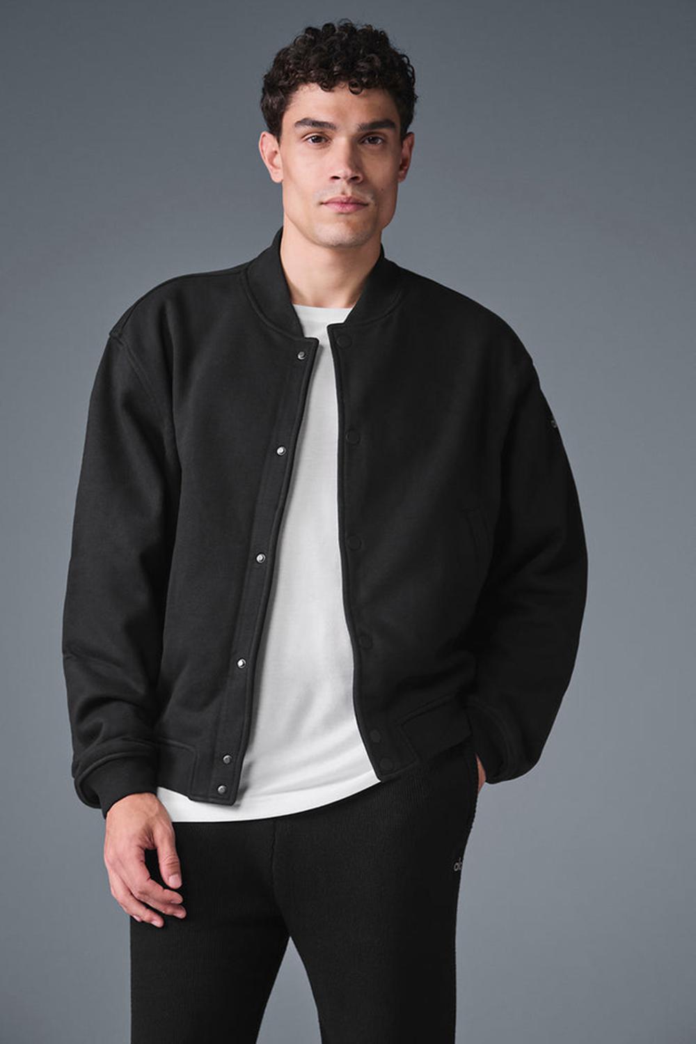 Black Men Alo Yoga Renown Varsity Jacket | Australia  07154-QUMX