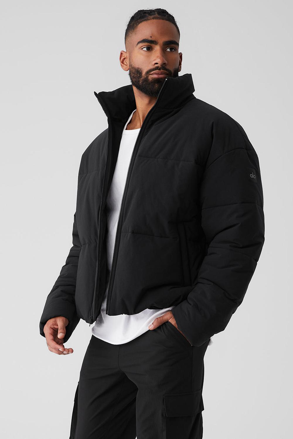 Black Men Alo Yoga Stretch Woven Street Puffer Jacket | Australia  78456-CJPW