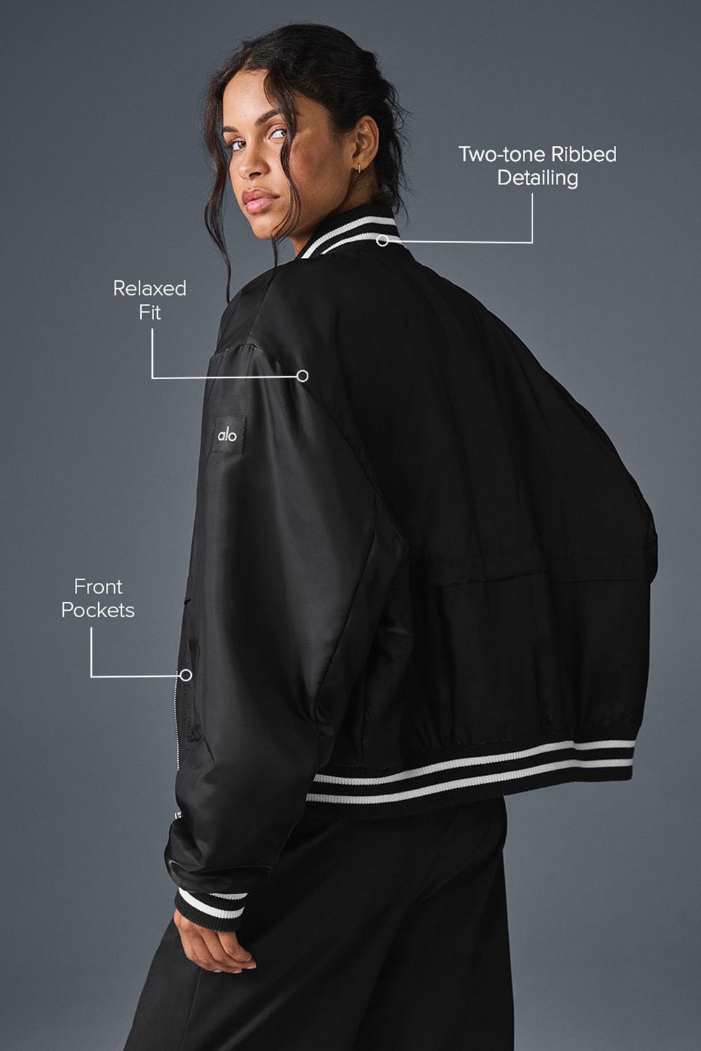 Black Women Alo Yoga Afterglow Varsity Jacket | Australia  96735-QEMJ