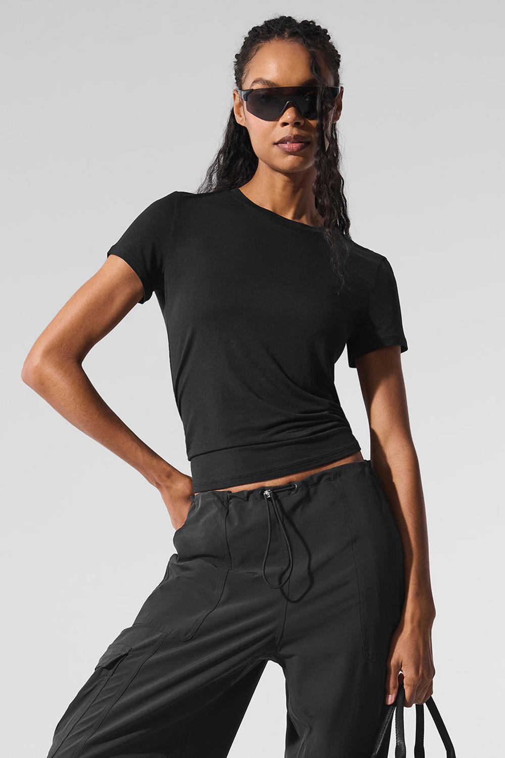 Black Women Alo Yoga All Day Short Sleeve | Australia  70364-SPEO