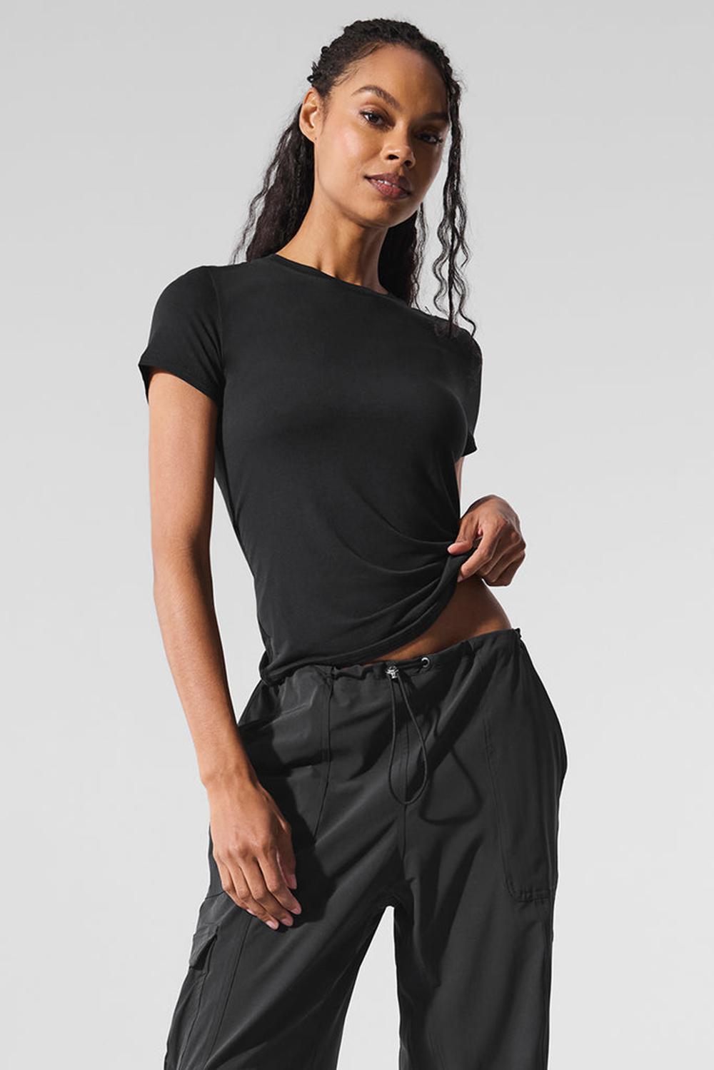Black Women Alo Yoga All Day Short Sleeve | Australia  70364-SPEO