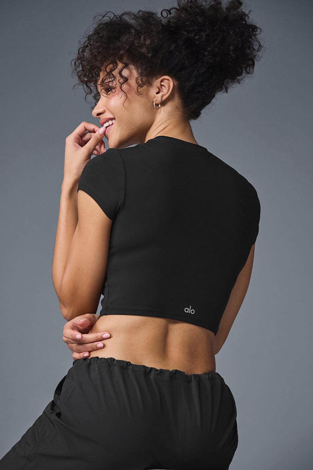 Black Women Alo Yoga Alosoft Crop Finesse Short Sleeve | Australia  48659-YVRO