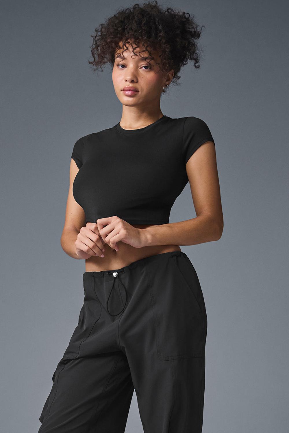 Black Women Alo Yoga Alosoft Crop Finesse Short Sleeve | Australia  48659-YVRO