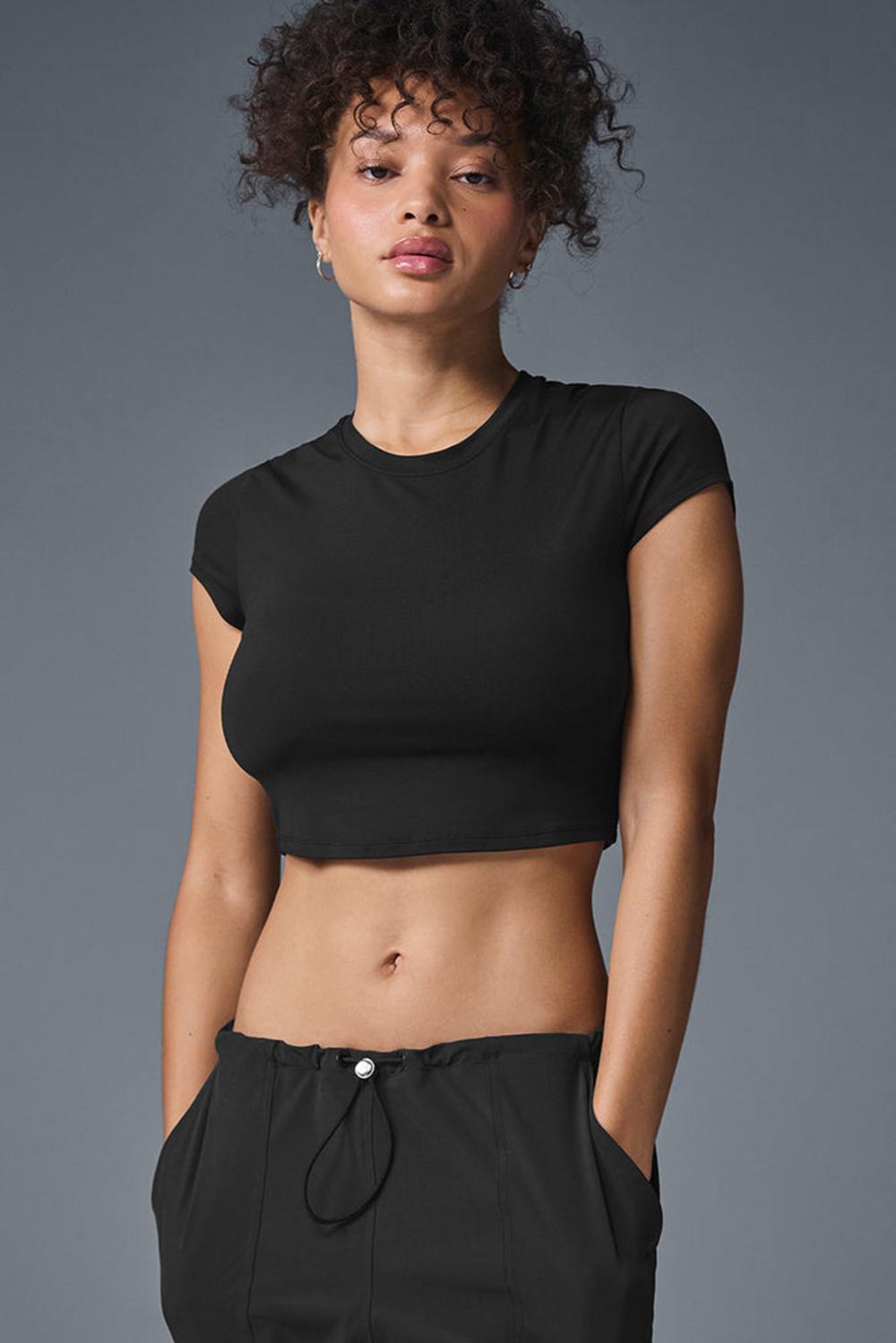 Black Women Alo Yoga Alosoft Crop Finesse Short Sleeve | Australia  48659-YVRO