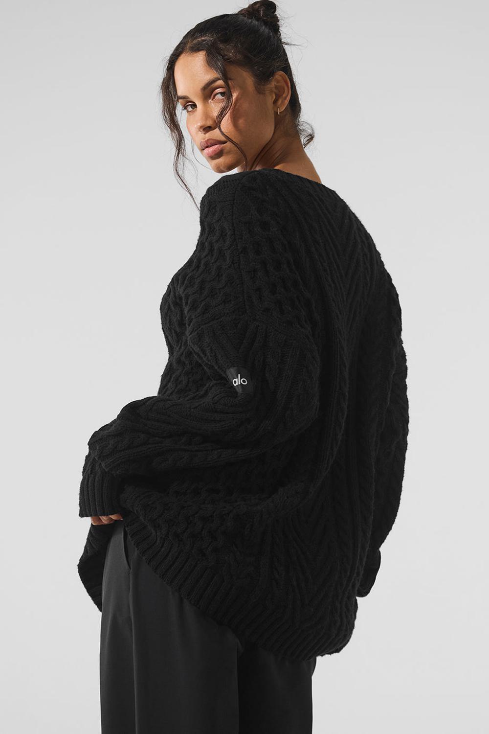 Black Women Alo Yoga Cable Knit Crew Neck Sweater | Australia  74089-SNGO