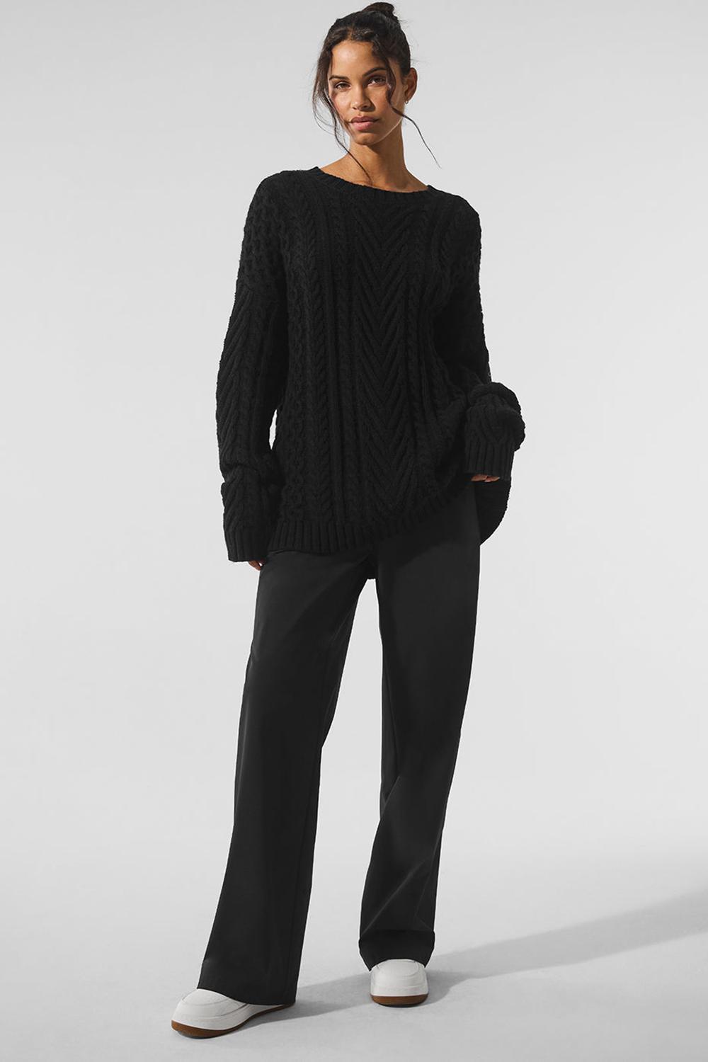 Black Women Alo Yoga Cable Knit Crew Neck Sweater | Australia  74089-SNGO