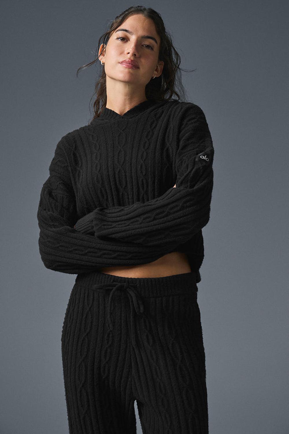 Black Women Alo Yoga Cable Knit Winter Bliss Hoodie | Australia  49576-FYXD