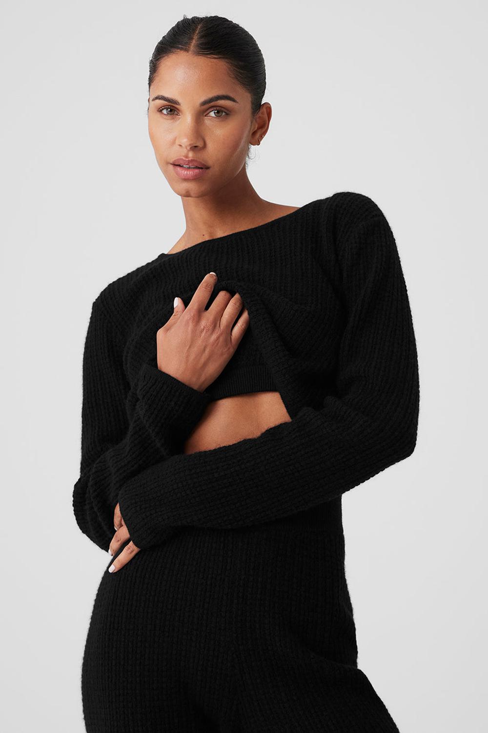 Black Women Alo Yoga Cashmere Plush Waffle Cropped Long Sleeve | Australia  40981-CLUD