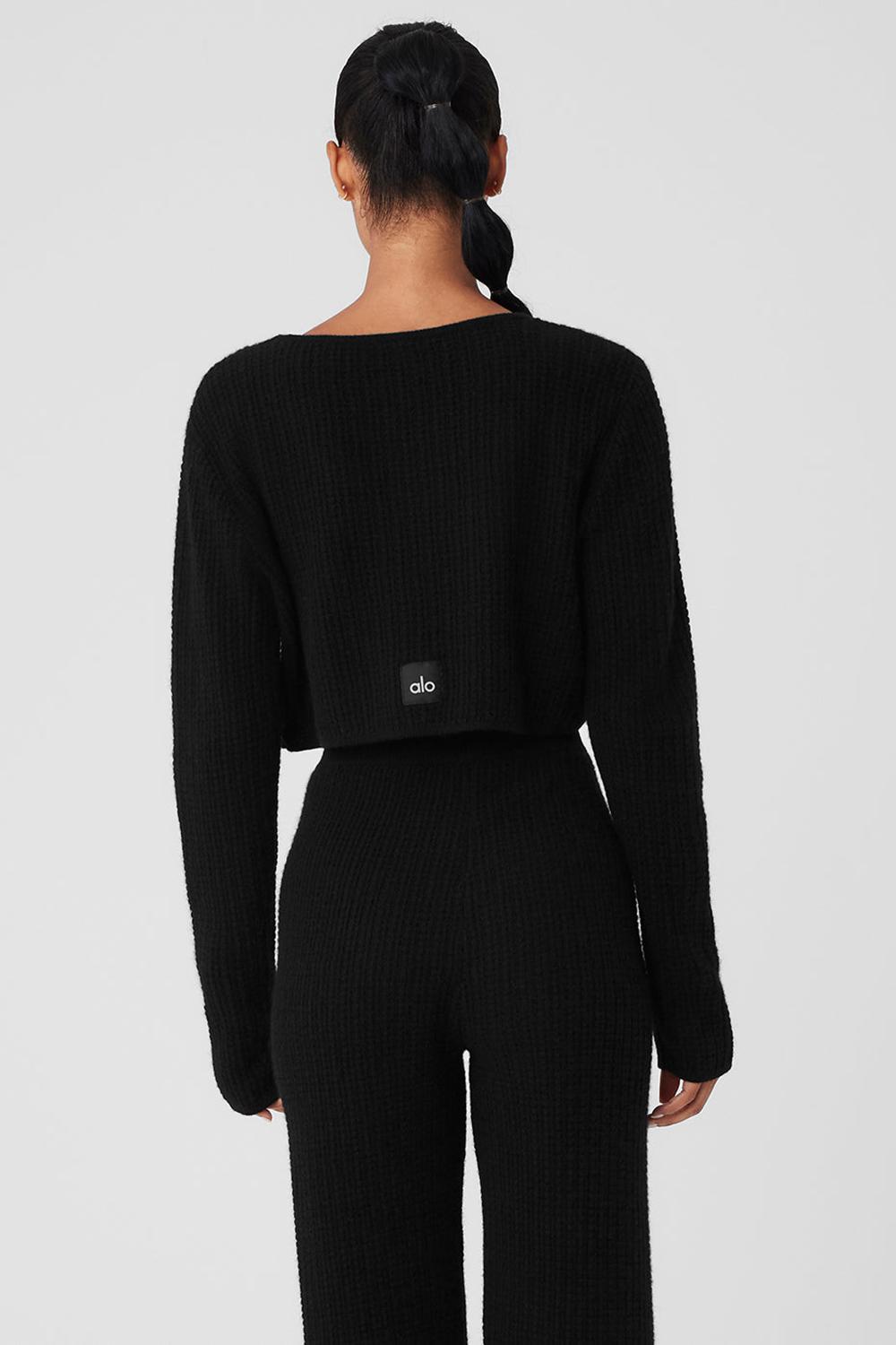 Black Women Alo Yoga Cashmere Plush Waffle Cropped Long Sleeve | Australia  40981-CLUD