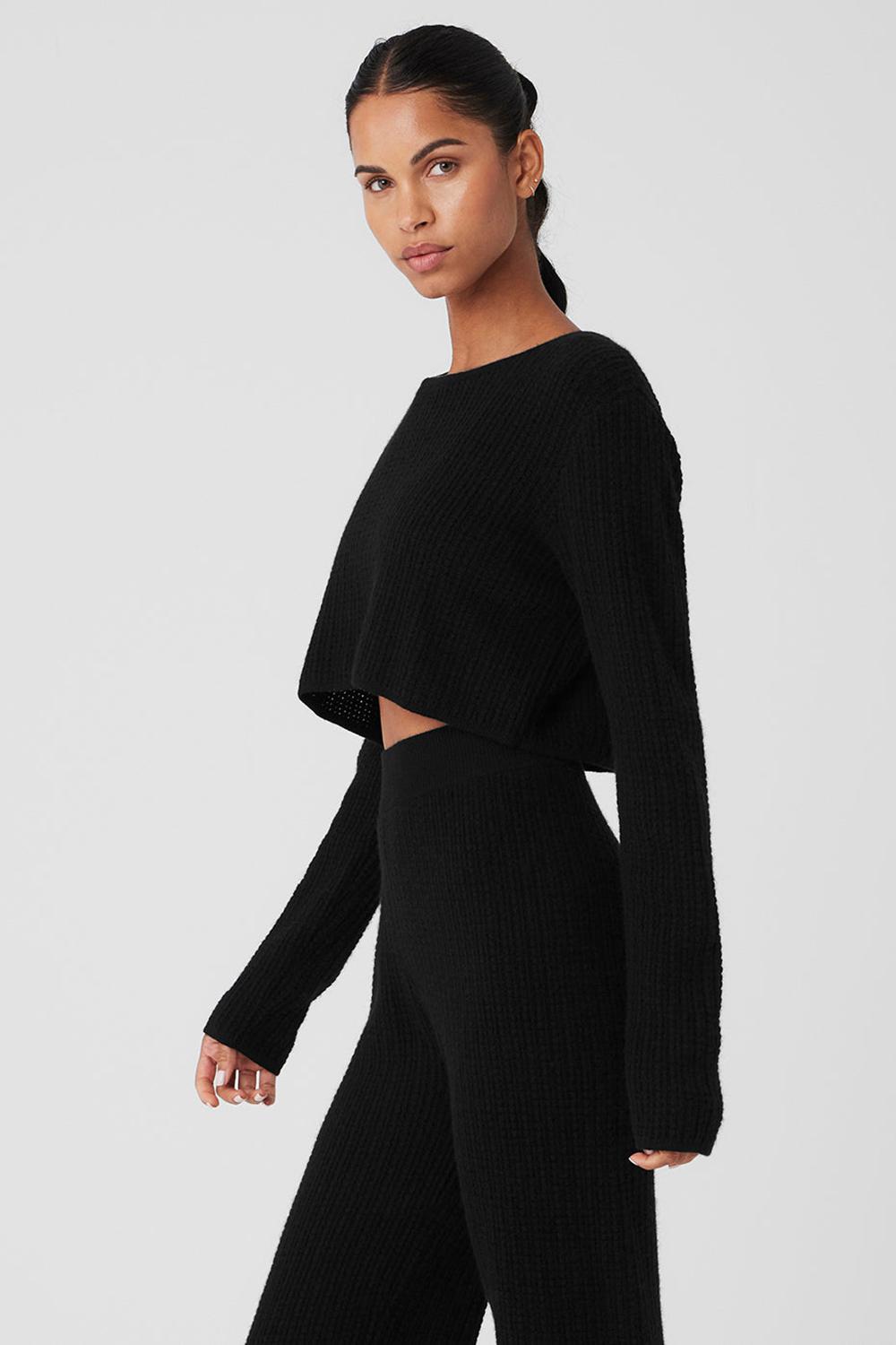Black Women Alo Yoga Cashmere Plush Waffle Cropped Long Sleeve | Australia  40981-CLUD