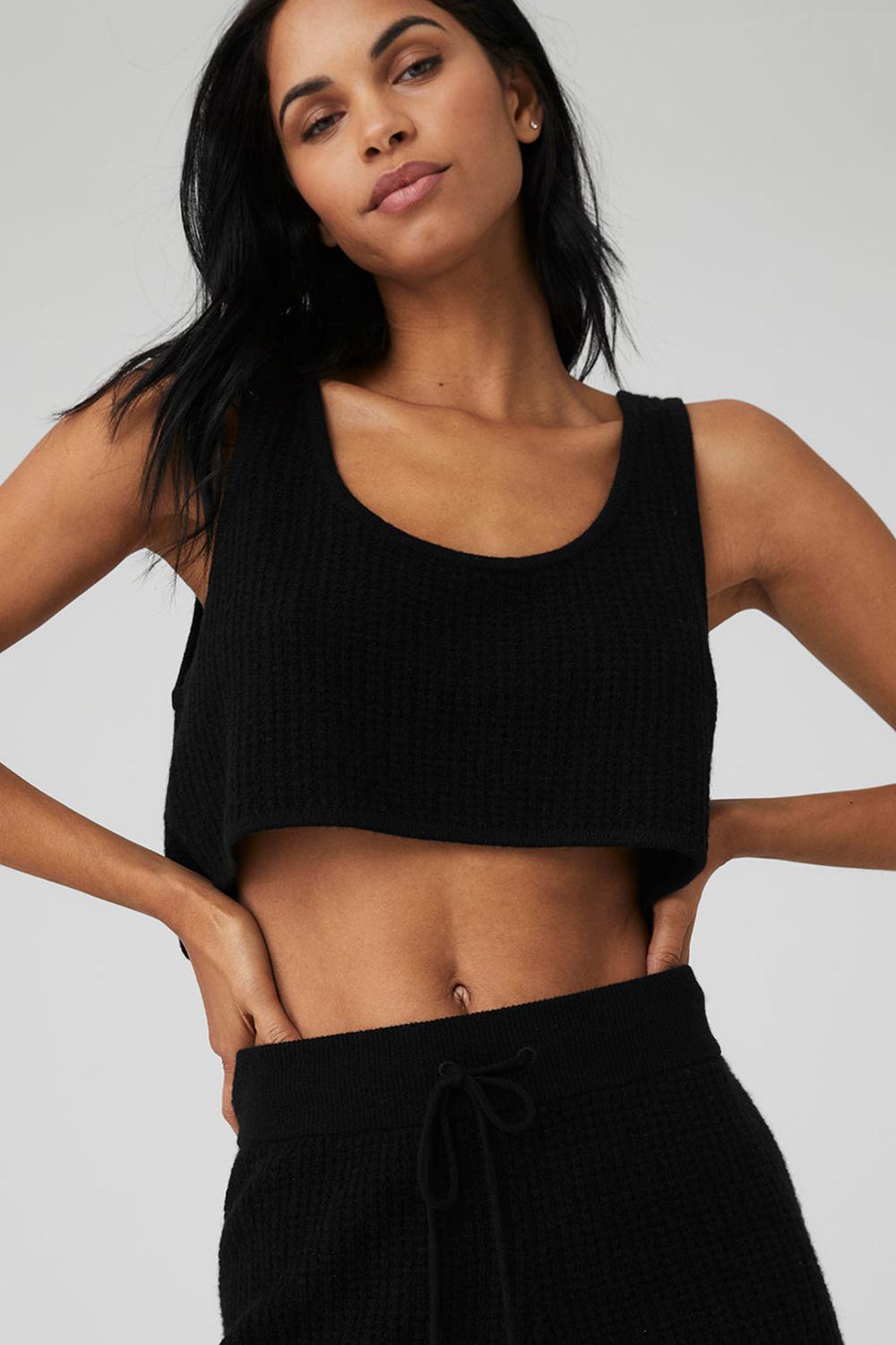 Black Women Alo Yoga Cashmere Plush Waffle Cropped Tank | Australia  64351-KTUZ