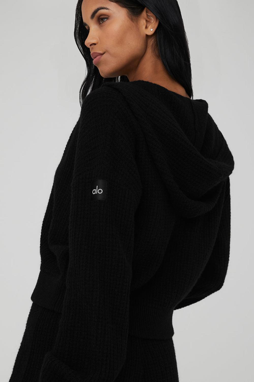 Black Women Alo Yoga Cashmere Plush Waffle Full Zip Hoodie | Australia  43165-ENZD