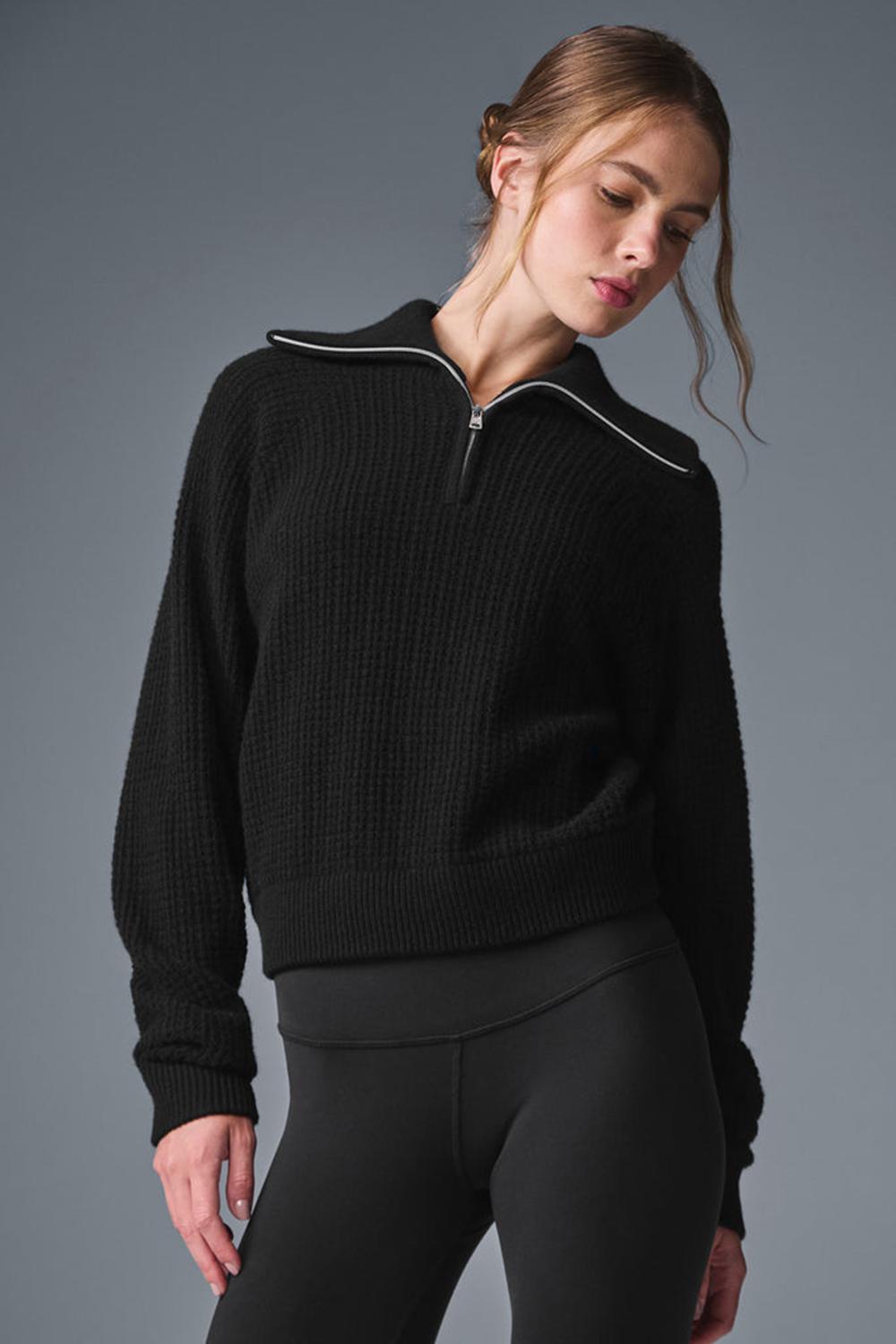 Black Women Alo Yoga Cashmere Plush Waffle 1/4 Zip Pullover | Australia  01984-NXYK