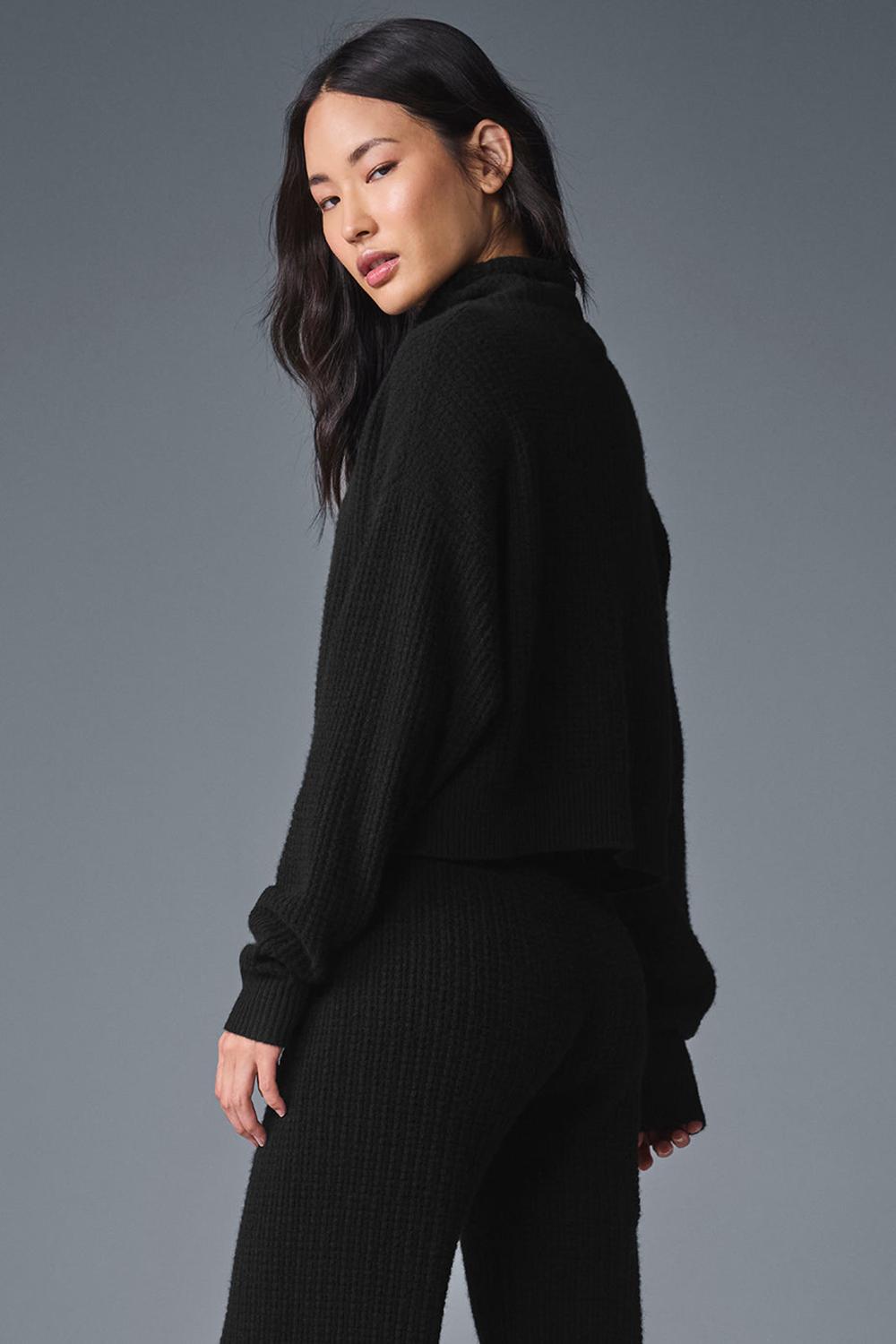 Black Women Alo Yoga Cashmere Plush Waffle Turtleneck Pullover | Australia  38250-ZRTK