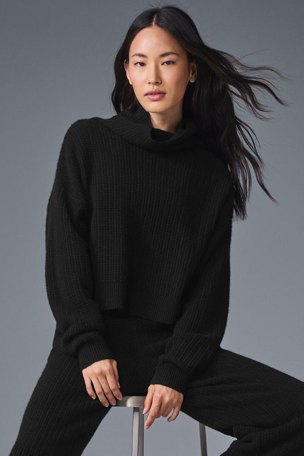 Black Women Alo Yoga Cashmere Plush Waffle Turtleneck Pullover | Australia  38250-ZRTK