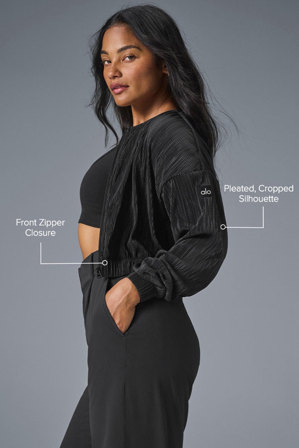 Black Women Alo Yoga Cropped Micro Plisse Jacket | Australia  94258-FMND