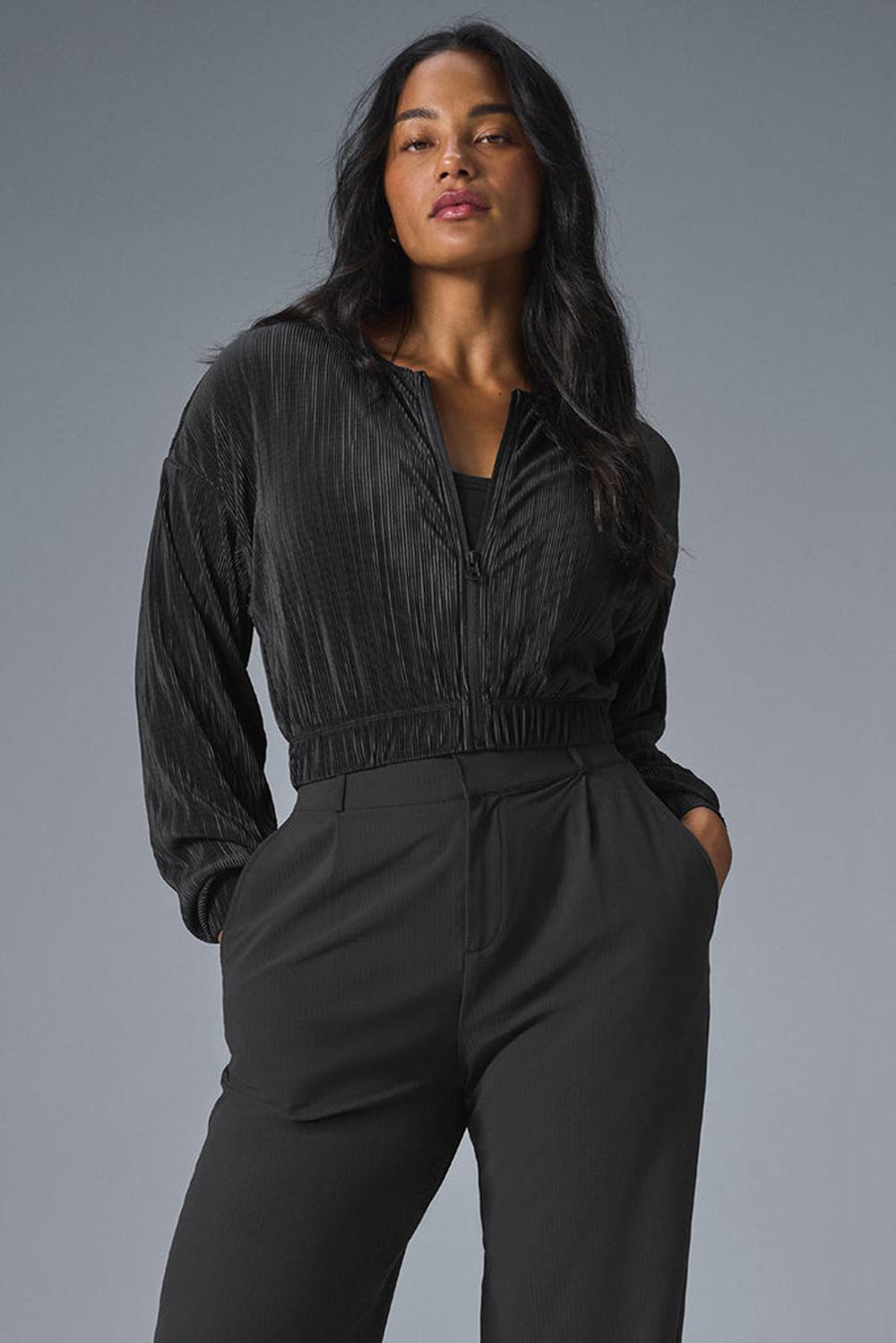 Black Women Alo Yoga Cropped Micro Plisse Jacket | Australia  94258-FMND