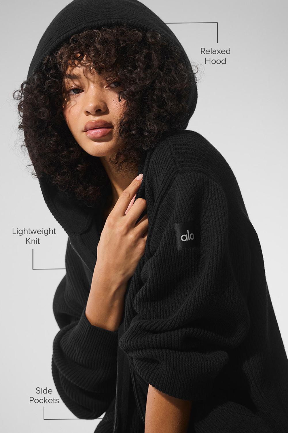 Black Women Alo Yoga Domain Rib Knit Full Zip Sweater | Australia  65419-JXHM