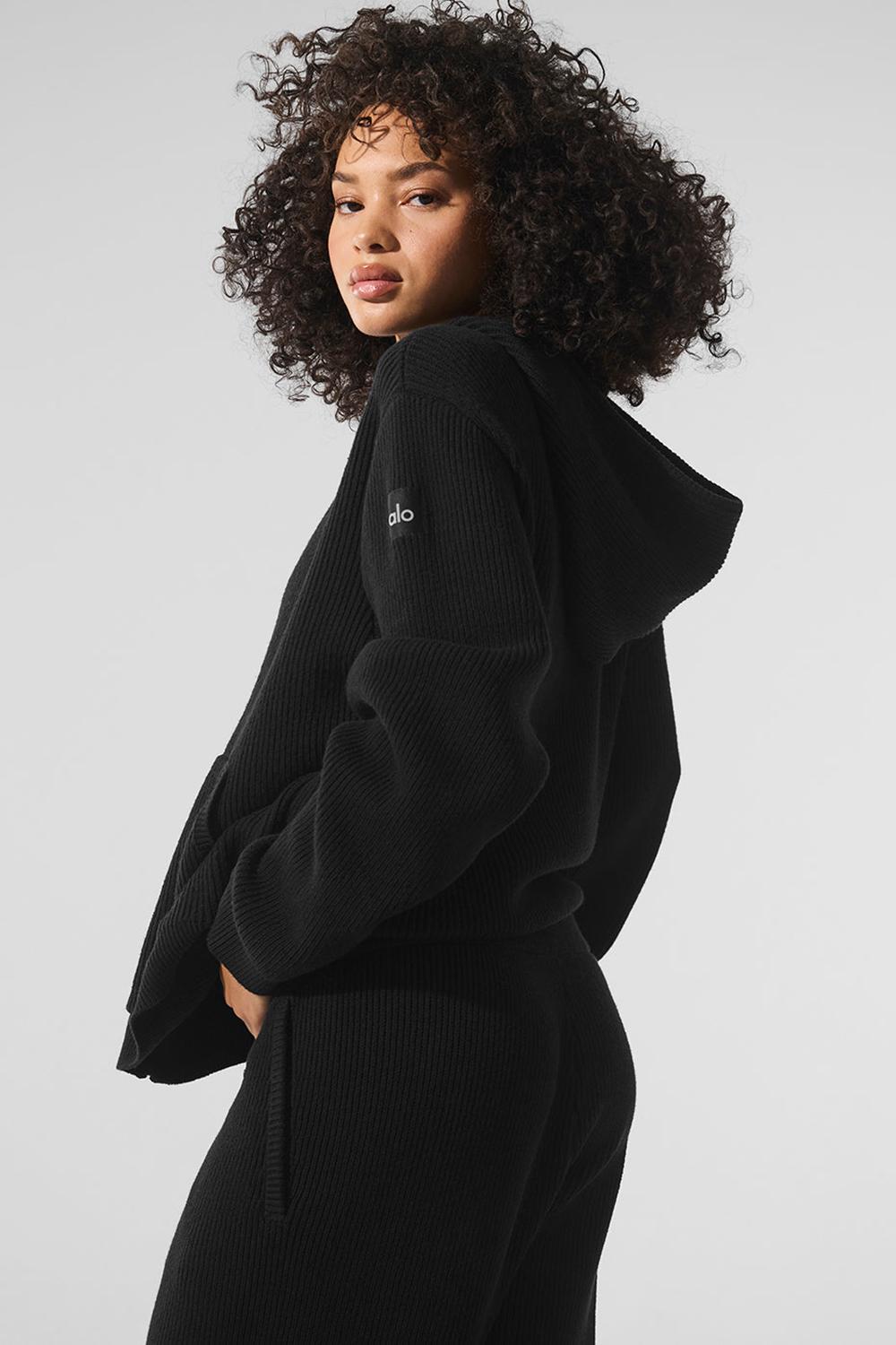 Black Women Alo Yoga Domain Rib Knit Full Zip Sweater | Australia  65419-JXHM