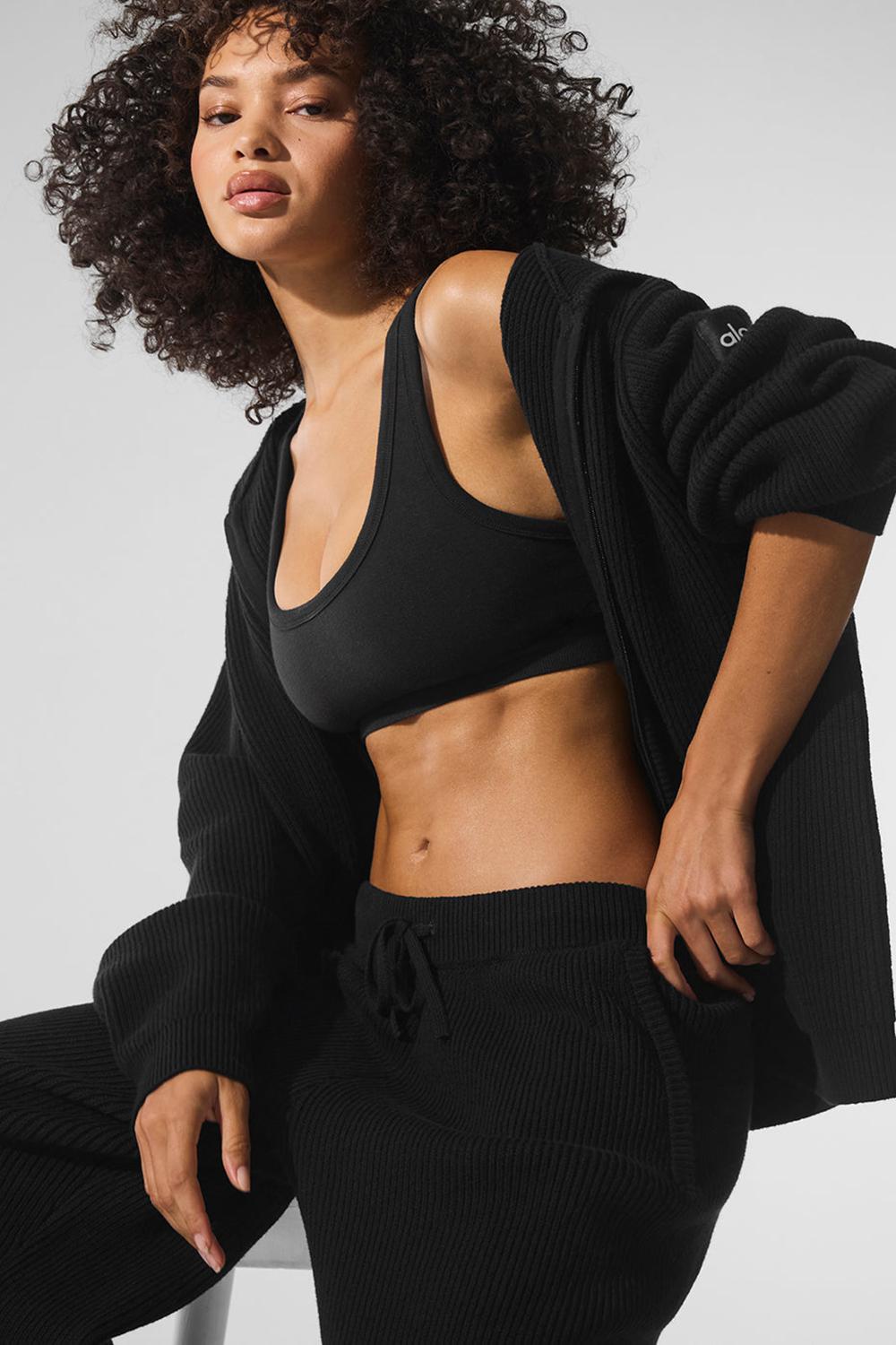 Black Women Alo Yoga Domain Rib Knit Full Zip Sweater | Australia  65419-JXHM